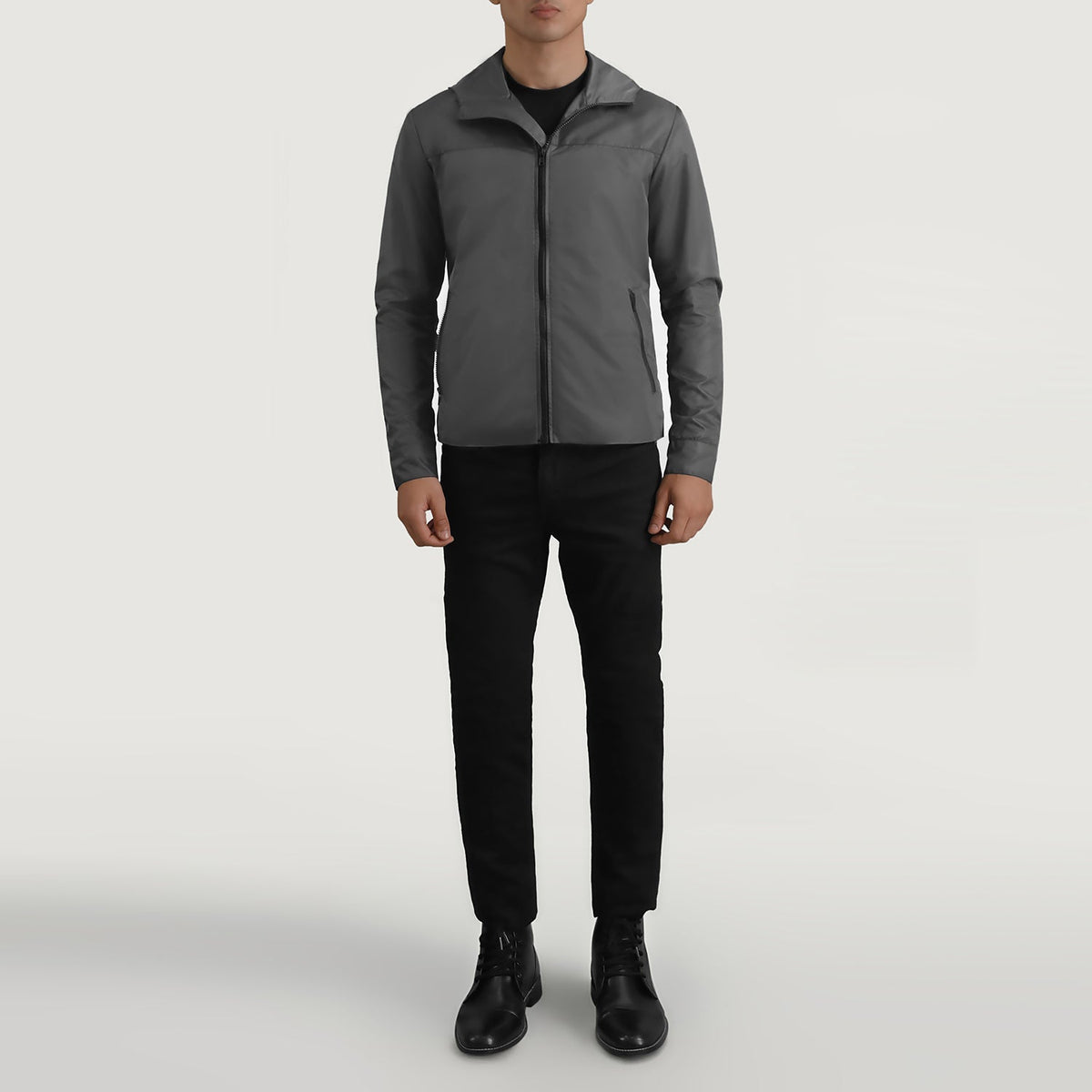 
Wesley Grau Hooded Windbreaker Lederjacke für Herren - Seitenansicht mit ergonomischem Ärmelschnitt & sportlicher Passform
