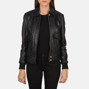 Women's Westa A-2 Black Leather Bomber Jacket in Black Sheepskin Leather - Vorderansicht &amp; maßgeschneiderte Silhouette | Online Kaufen