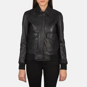 Detailansicht of Shirt &amp; Zipper with Button Flap Hardware on Women's Westa A-2 Black Leather Bomber Jacket
