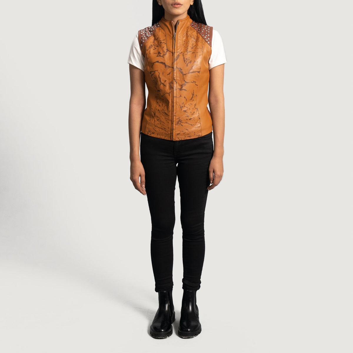 Close-Up Detail of Classic Collar & Zipper Hardware on Women's Westina Tan Dye Leather Vest