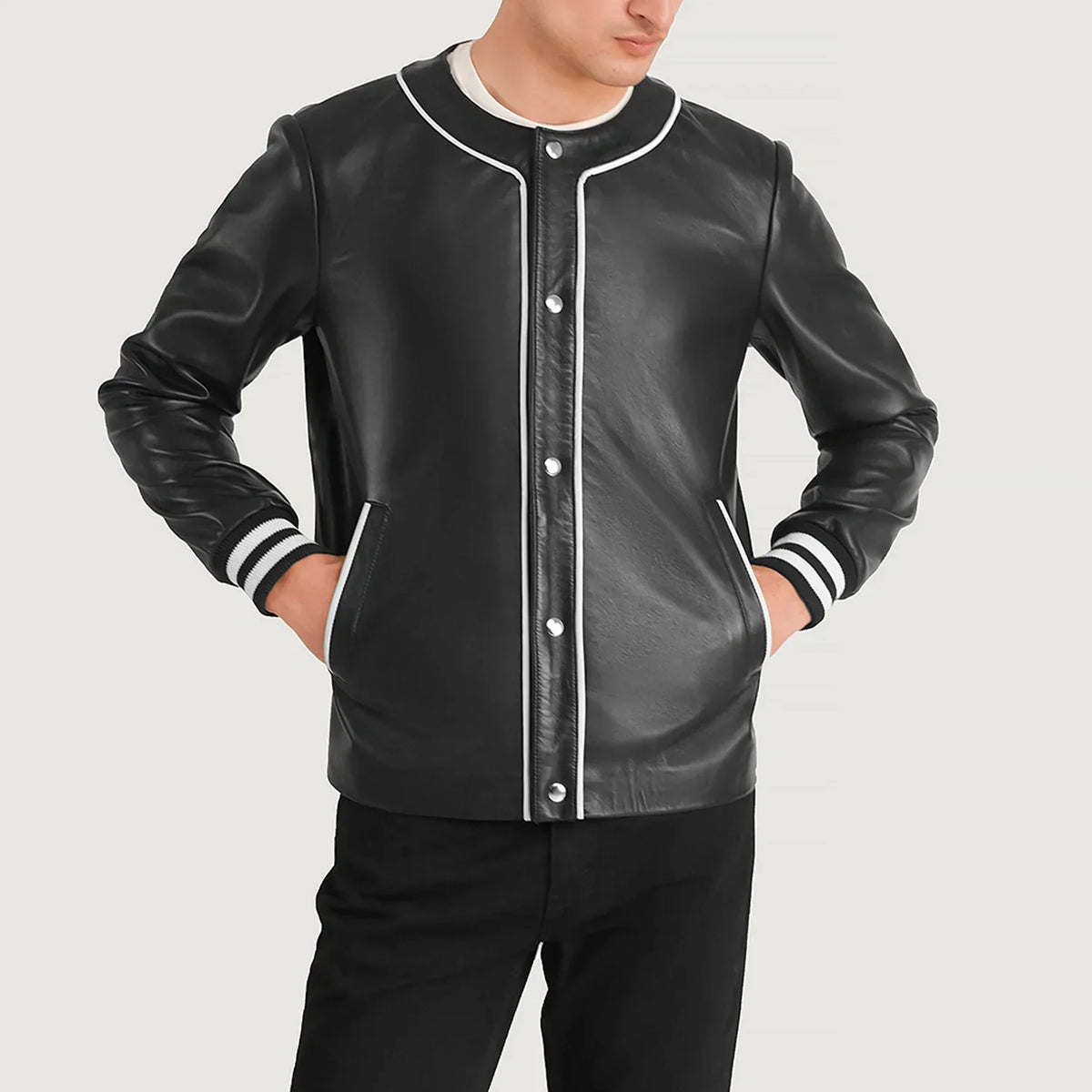 Detailansicht of Collarless &amp; Snap Button Buttons Hardware on Willis Black Leather Varsity Jacket