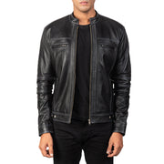 Youngster Distressed Black Leather Jacket in Black Goatskin Snuffed - Vorderansicht &amp; maßgeschneiderte Silhouette | Online Kaufen