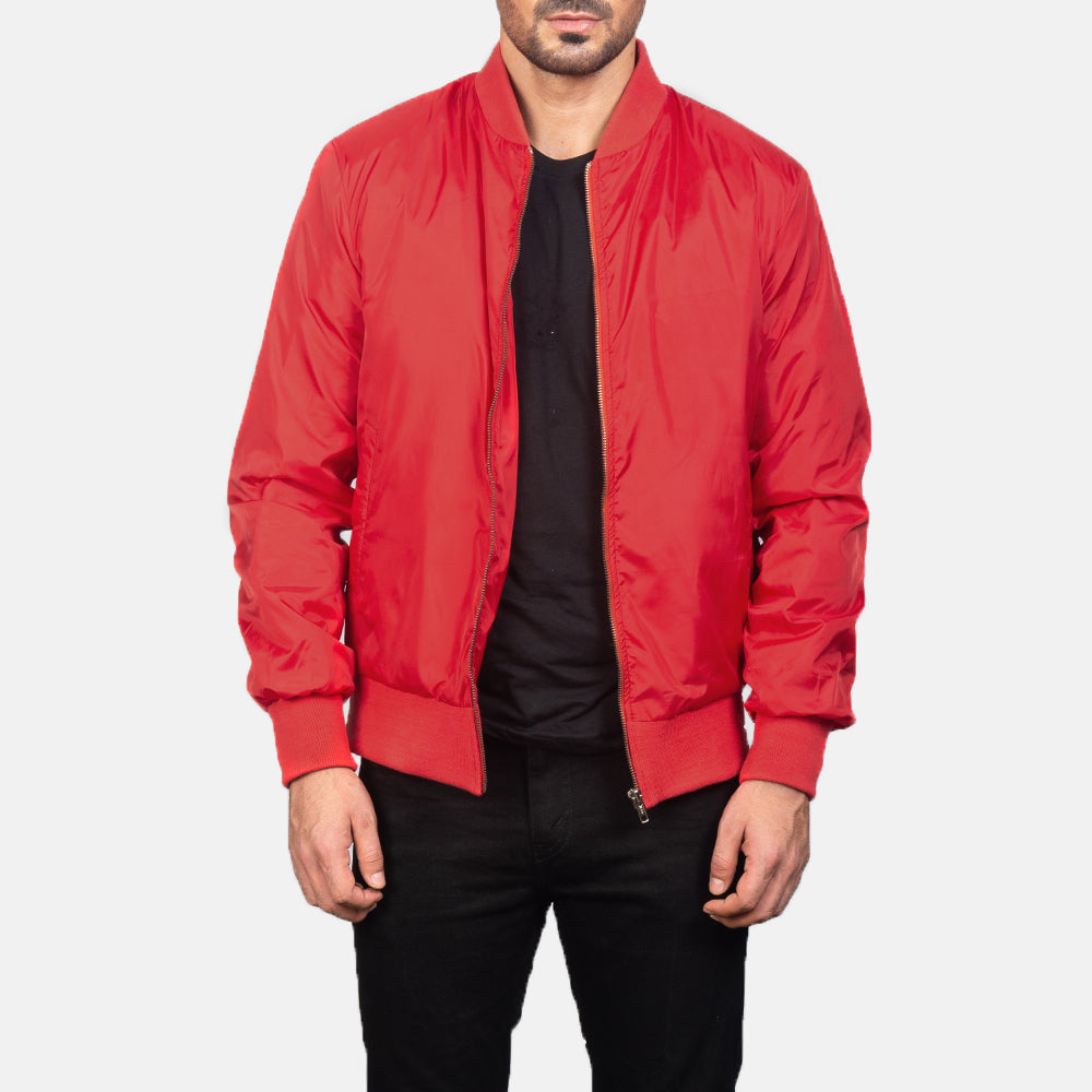 Men's Zack Rot Leder-Bomberjacke für Herren in Red Nylon - Vorderansicht &amp; maßgeschneiderte Silhouette | Online Kaufen