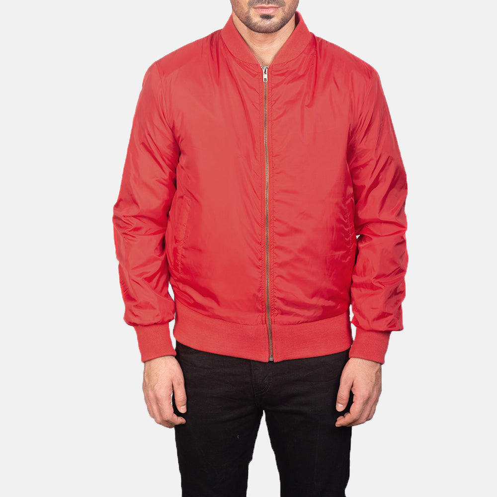 Detailansicht of Varsity &amp; Zipper Hardware on Men's Zack Rot Leder-Bomberjacke für Herren