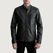 Zen Schwarz Leder-Bikerjacke für Herren in Black Sheepskin Leather - Vorderansicht &amp; maßgeschneiderte Silhouette | Online Kaufen