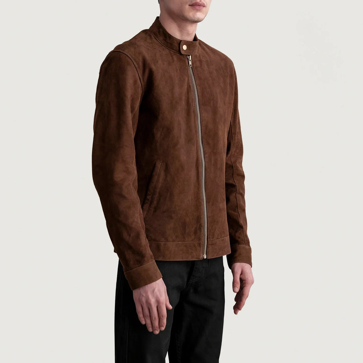 Brown Goatskin Suede Biker Jacket - Rückansicht mit passgenauen Schultern &amp; sauberem Saum