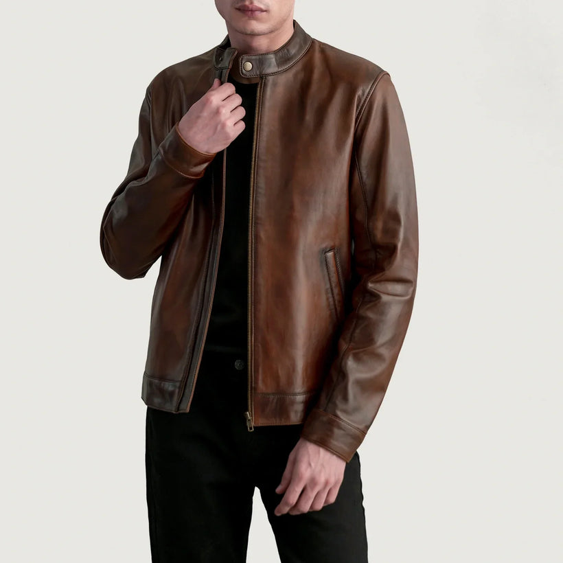 Zen Vintage-Braun Leder-Bikerjacke für Herren