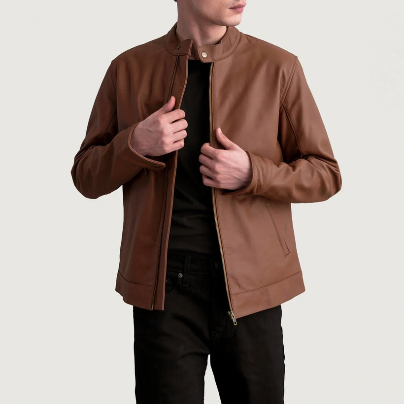 Zen Matte Brown Leather Biker Jacket in Matte Brown Cowhide Leather - Front Profile View & Tailored Silhouette | Buy Online