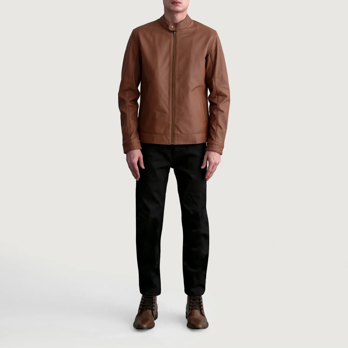 
Detailansicht of Snap Button & Zipper Hardware on Zen Matte Braun Leder-Bikerjacke für Herren