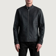 Zen Tumbled Schwarz Leder-Bikerjacke für Herren in Tumbled Black Sheepskin Leather - Vorderansicht &amp; maßgeschneiderte Silhouette | Online Kaufen