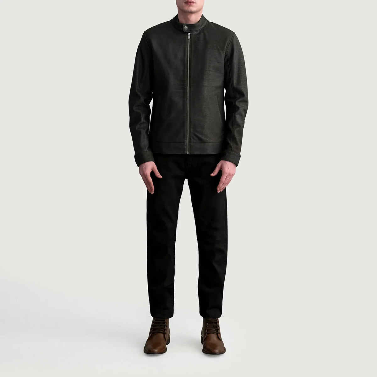 Detailansicht of Snap Button &amp; Zipper Hardware on Zen Tumbled Braun Leder-Bikerjacke für Herren
