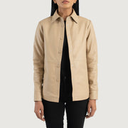Women's Zenith Beige Leather Shirt Jacket in Beige Sheepskin Leather - Vorderansicht &amp; maßgeschneiderte Silhouette | Online Kaufen