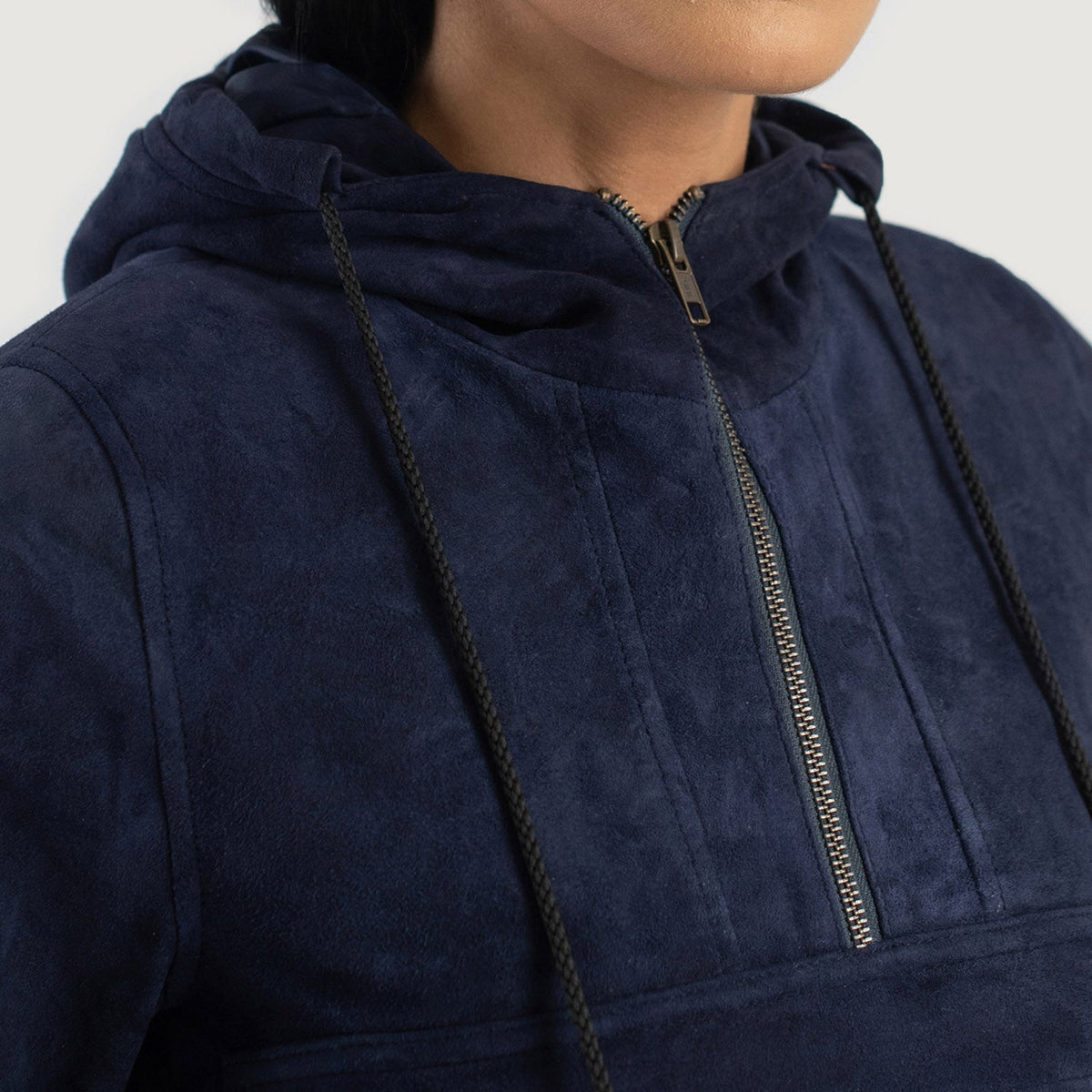 Detailansicht of Classic Collar &amp; Heavy-Duty Zipper Hardware on Zest Blue Hooded Suede Pullover Jacket